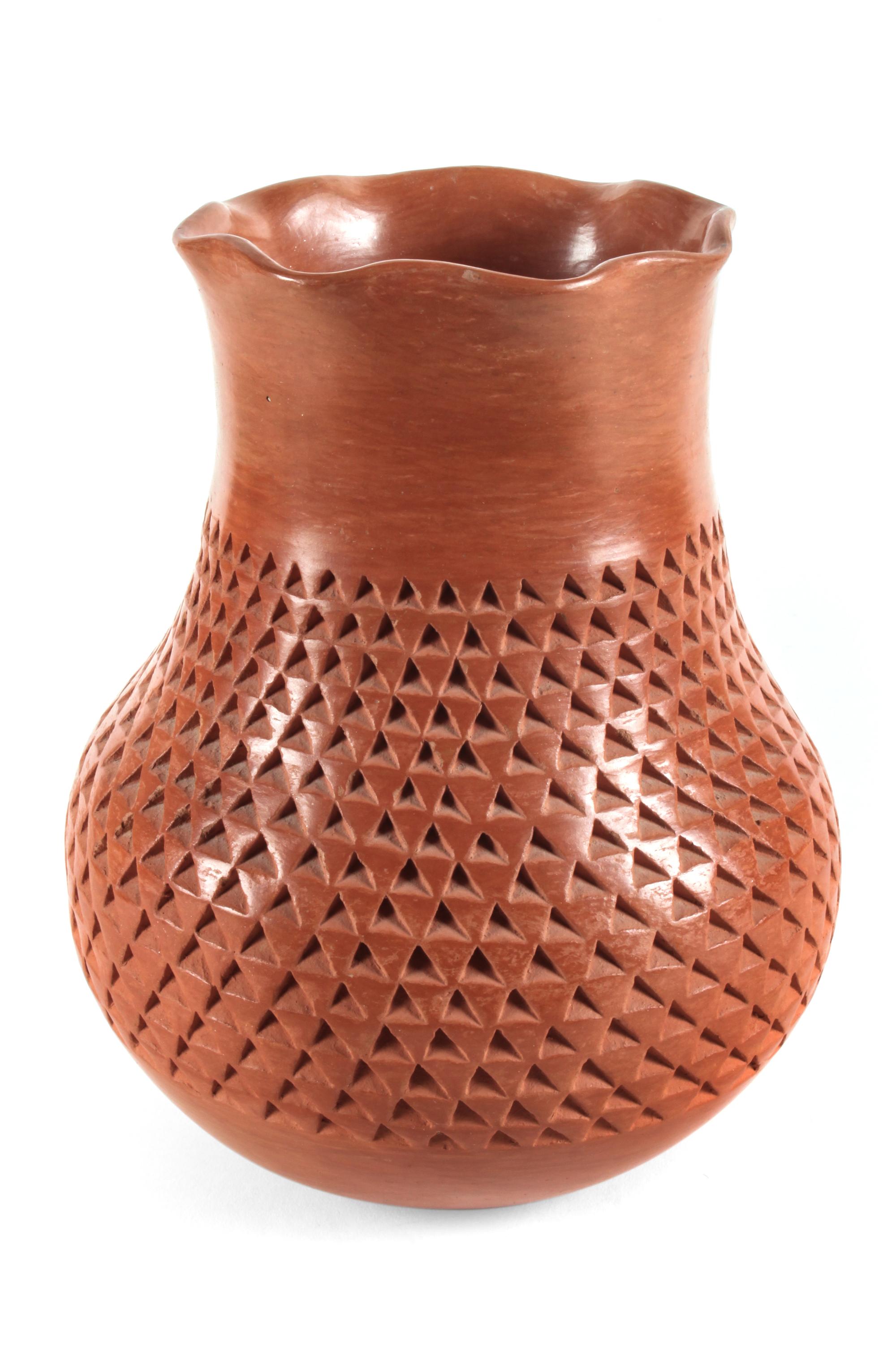 Garnet Pavatea (Hopi, 1915-1981) Corrugated Redware Jar Height 7 1/2 x diameter 5 inches