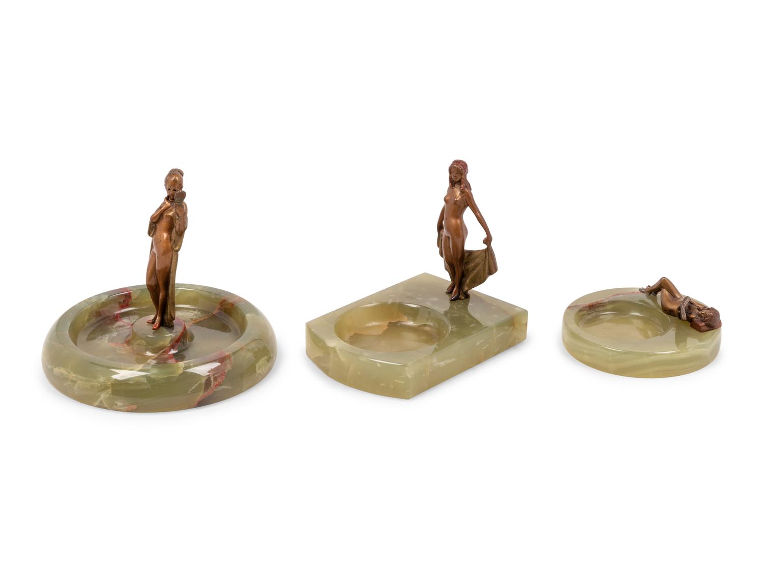 Three Art Deco Onyx and Bronze Figural Vide Poches