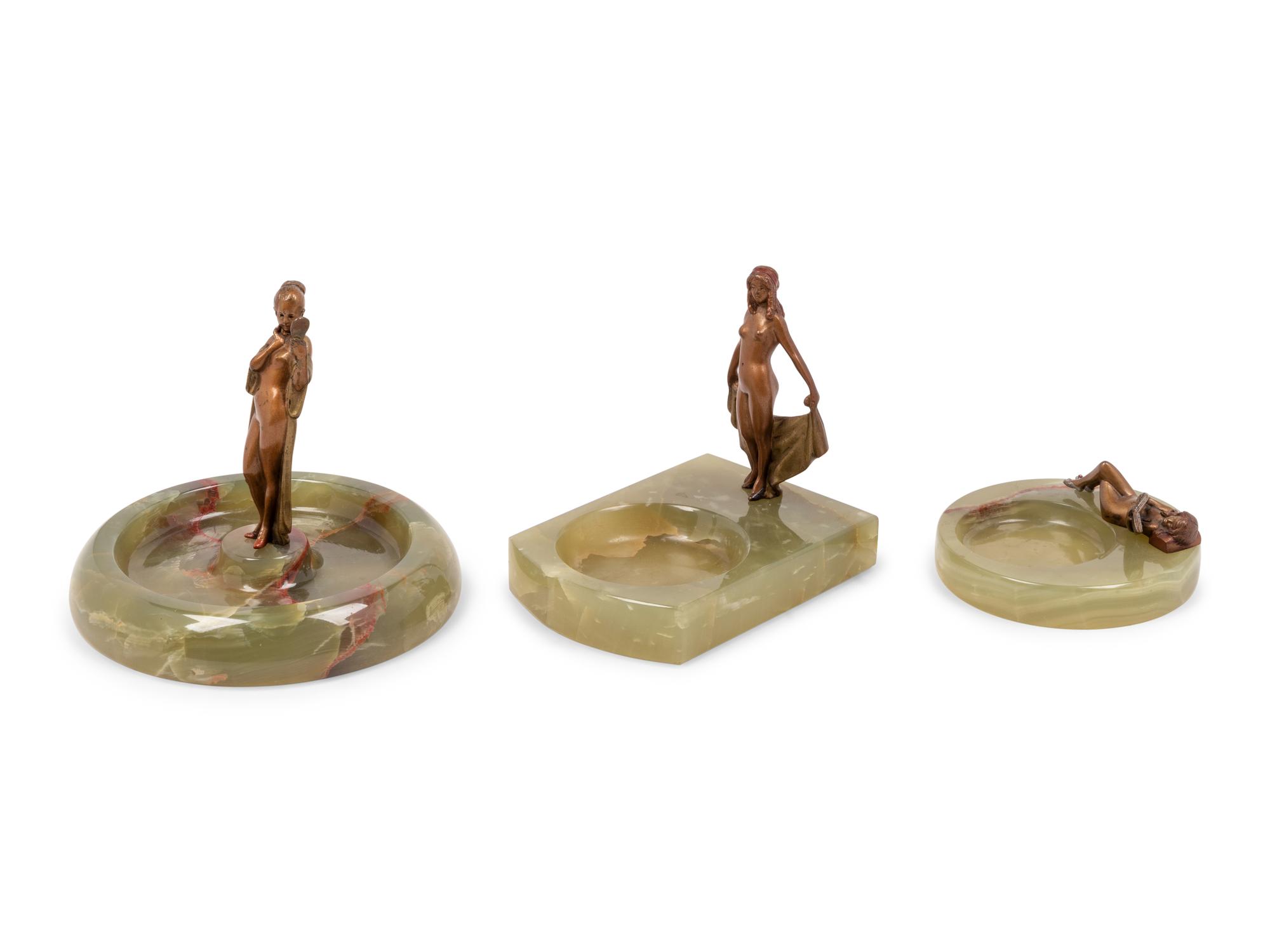 Three Art Deco Onyx and Bronze Figural Vide Poches