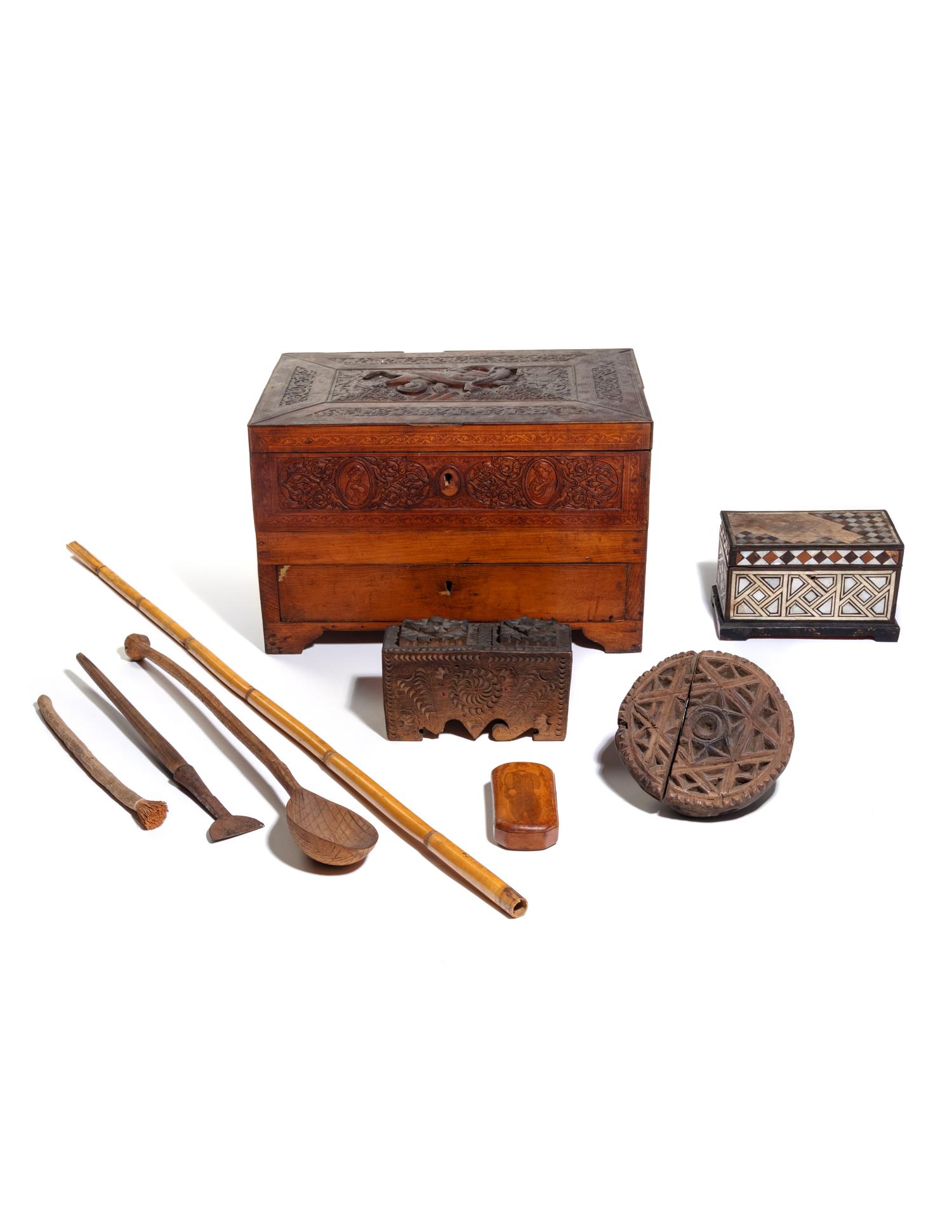 A Carved Olivewood Work Box or Jewelry Casket and Other Articles