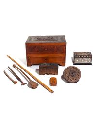 A Carved Olivewood Work Box or Jewelry Casket and Other Articles