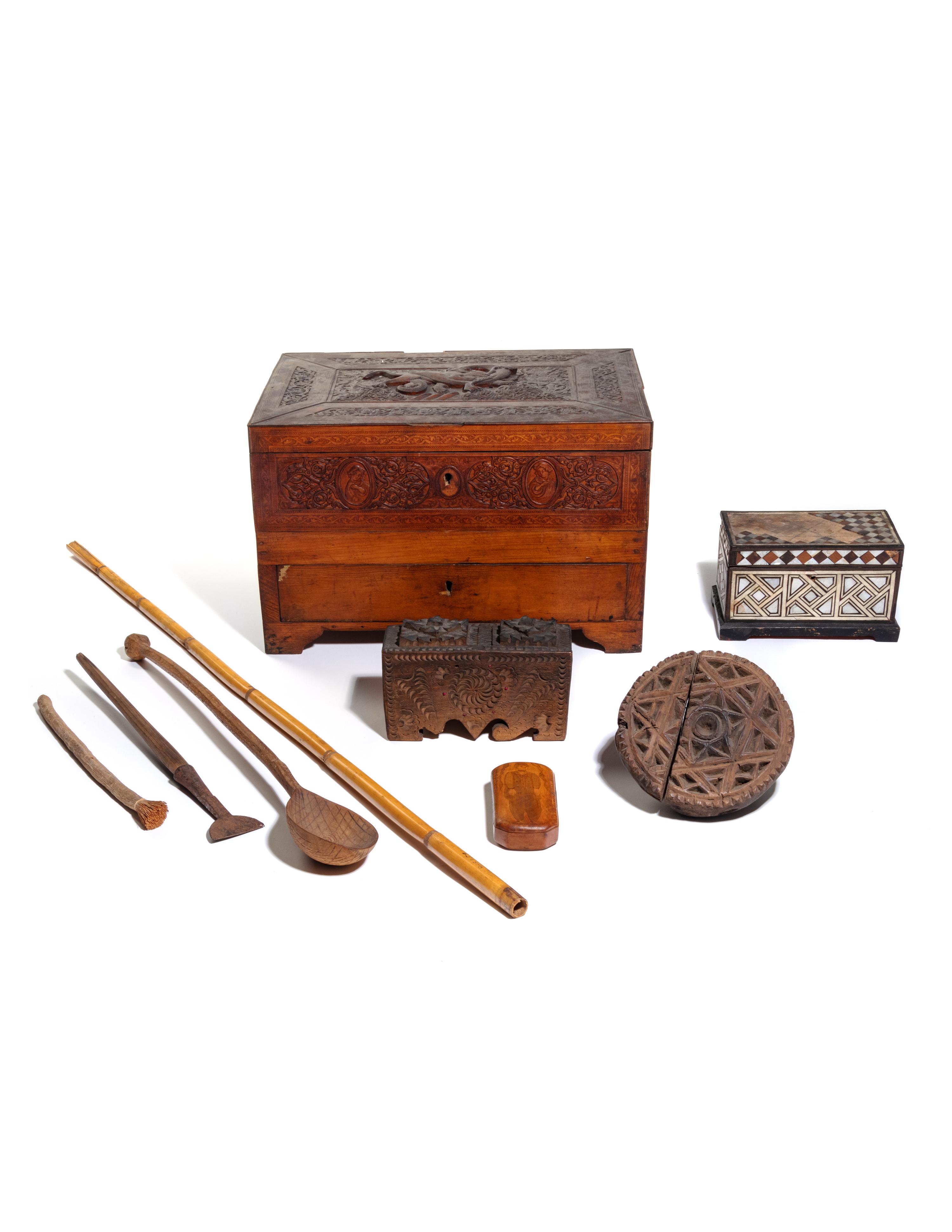 A Carved Olivewood Work Box or Jewelry Casket and Other Articles