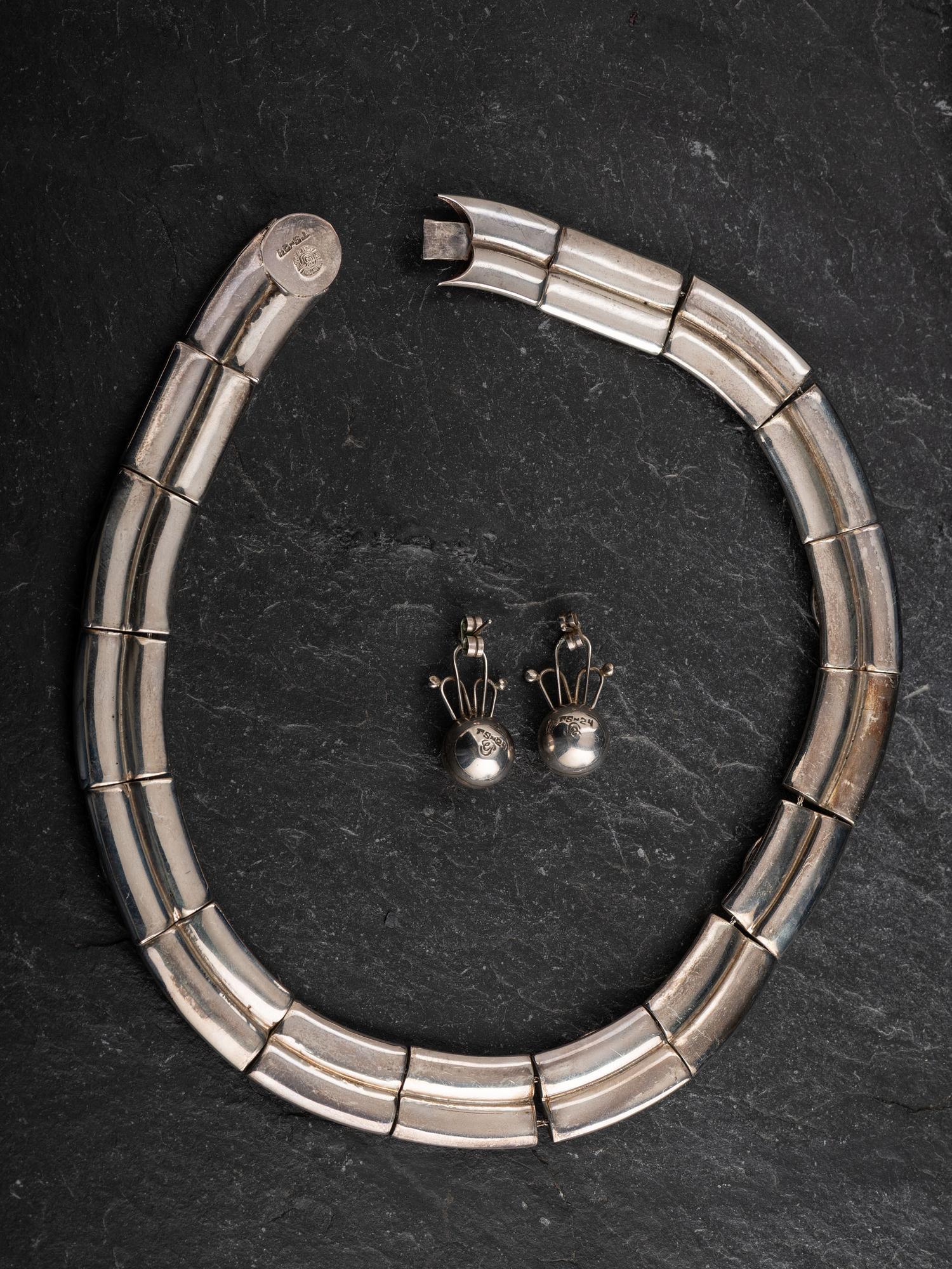 Taxco Sterling Silver Choker Necklace, Bracelet, and Earring Suite