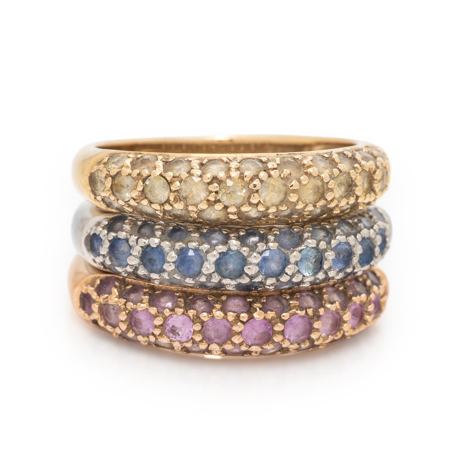 Three Multicolor Sapphire and Tricolor Gold Stacking Rings