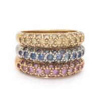 Three Multicolor Sapphire and Tricolor Gold Stacking Rings