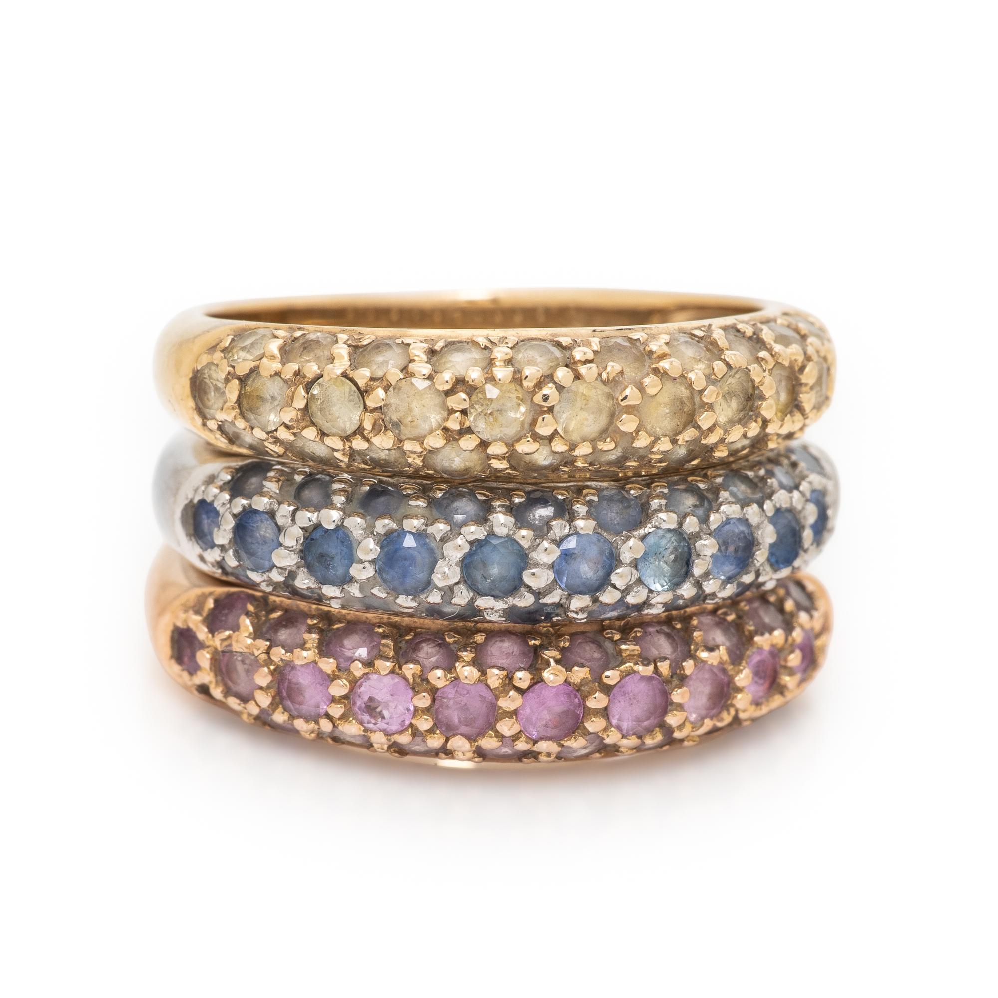 Three Multicolor Sapphire and Tricolor Gold Stacking Rings