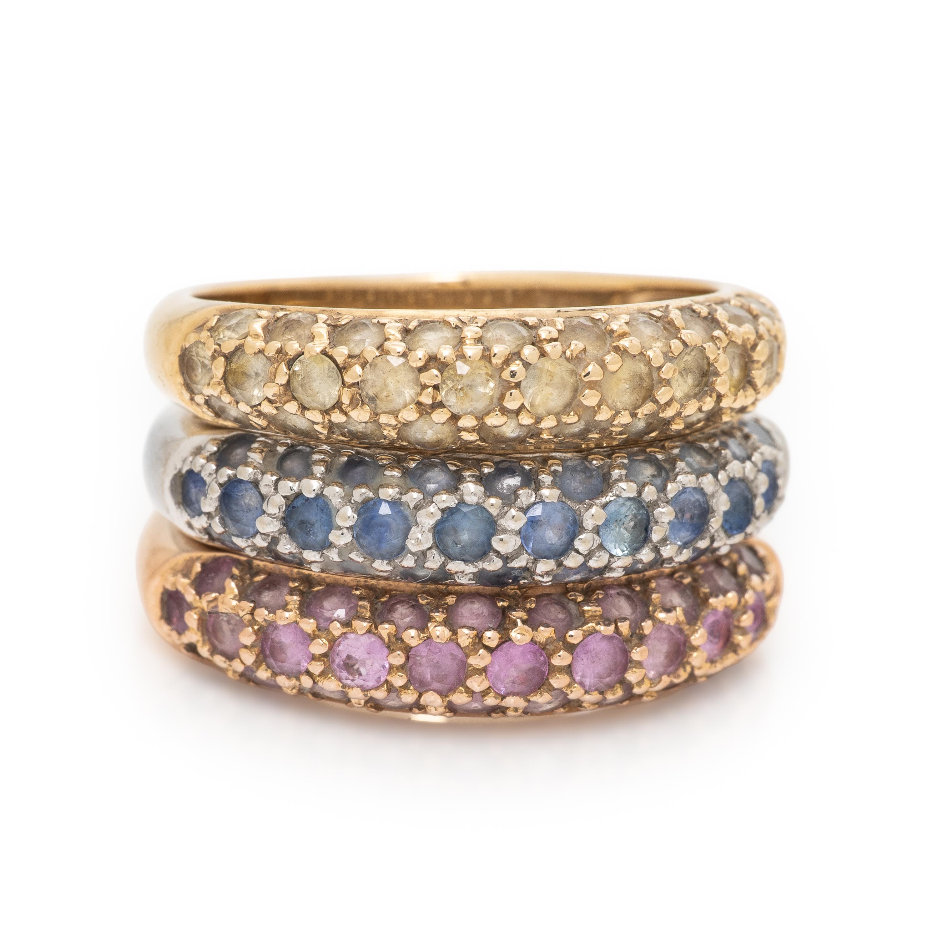 Three Multicolor Sapphire and Tricolor Gold Stacking Rings