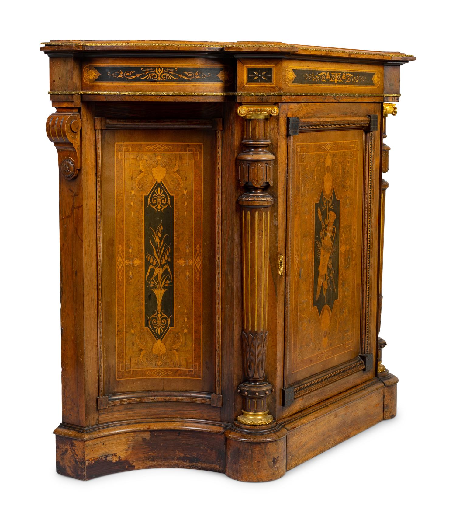 An English Aesthetic Movement Part-Ebonized Marquetry Cabinet