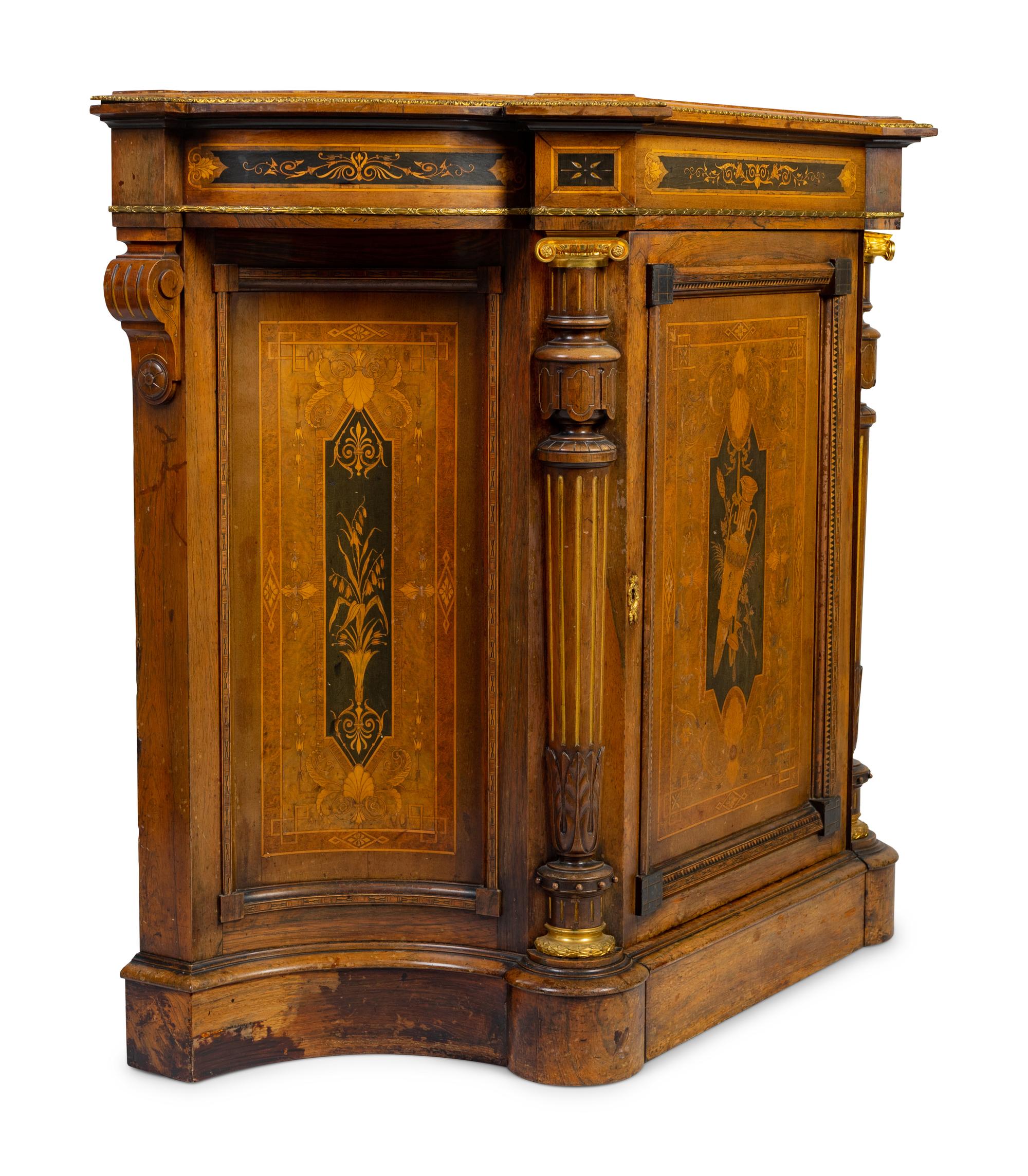 An English Aesthetic Movement Part-Ebonized Marquetry Cabinet