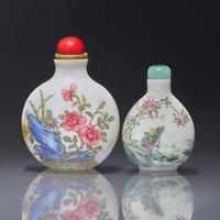 Two Chinese Enameled Glass Snuff Bottles, Circa 1780-1850 and Probably 20th Century — 清中晚期及更晚 白料胎畫琺瑯鼻煙壺兩支