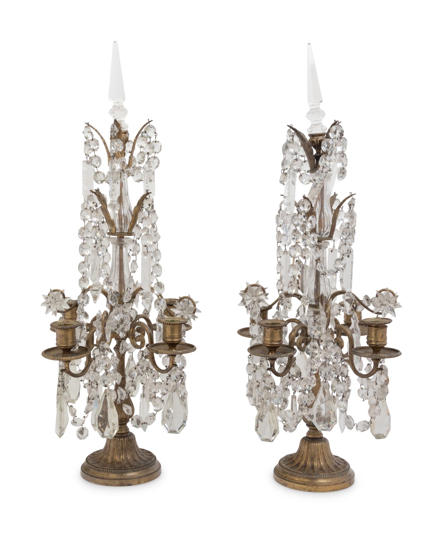 A Pair of French Gilt Bronze and Glass Four-Light Candelabra