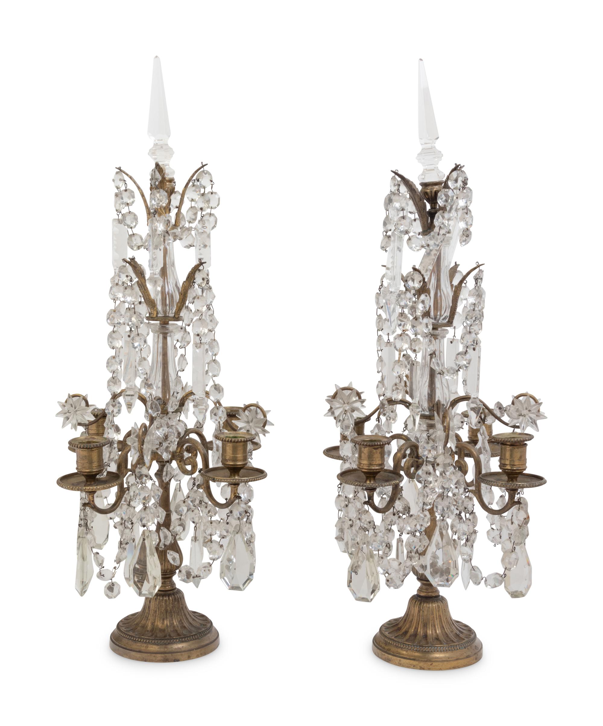 A Pair of French Gilt Bronze and Glass Four-Light Candelabra
