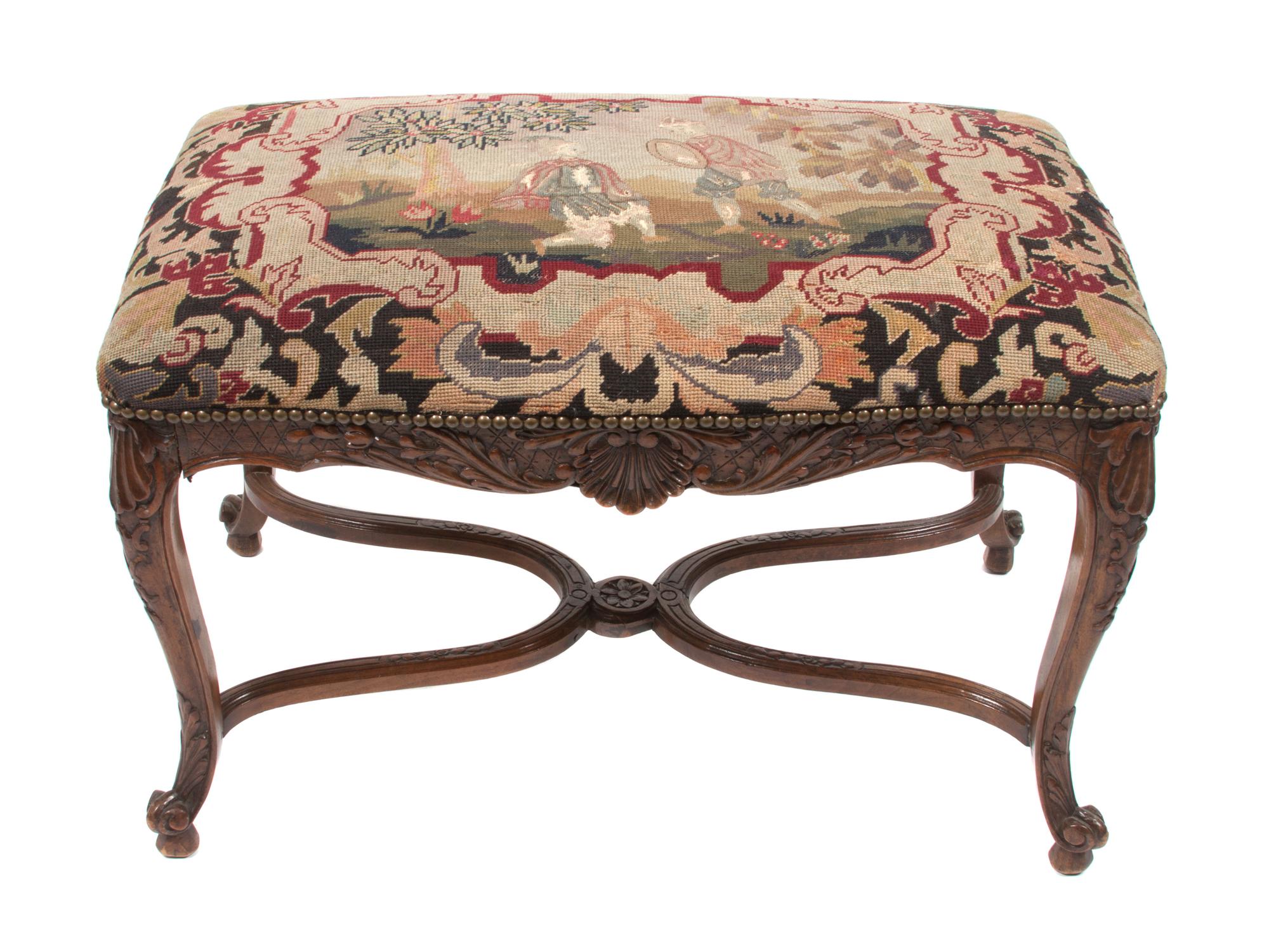 A Louis XV Style Walnut Bench Height 20 x width 30 1/4 x depth 19 inches.