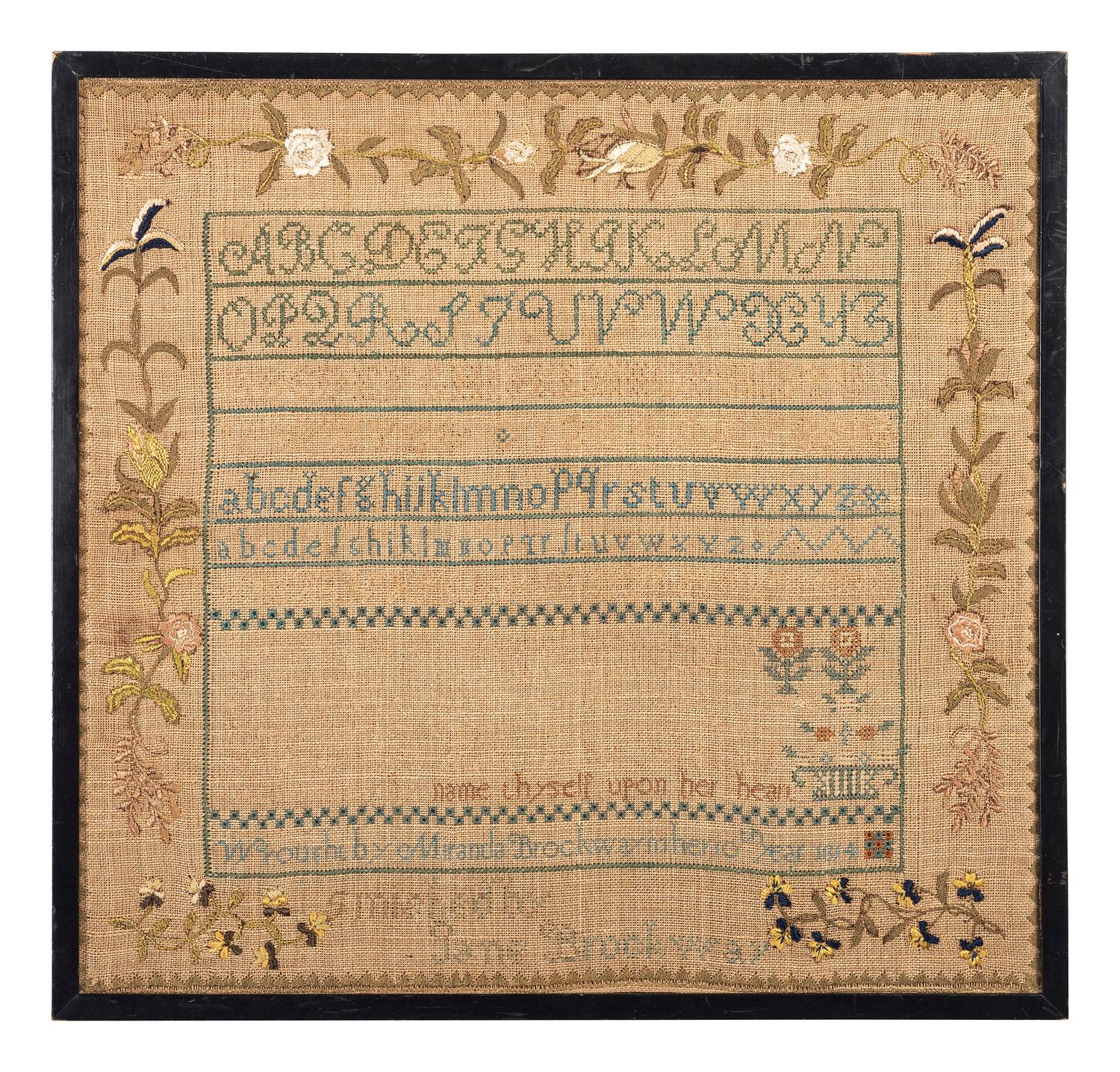 A Connecticut Needlework Alphabet Sampler, Wrought by Miranda Brockaway