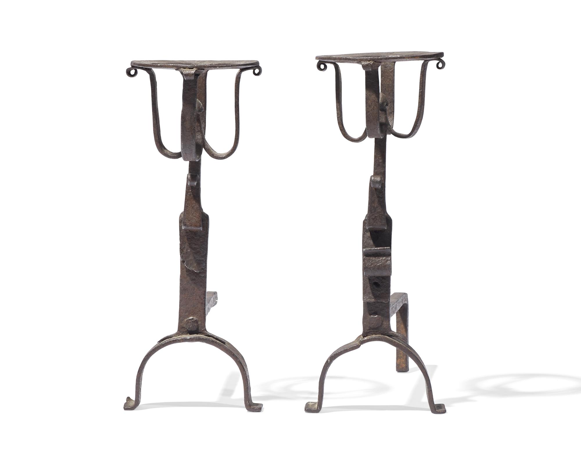 A Miniature Pair of Wrought Iron Andirons, French or Flemish, Late 17th / 18th Century