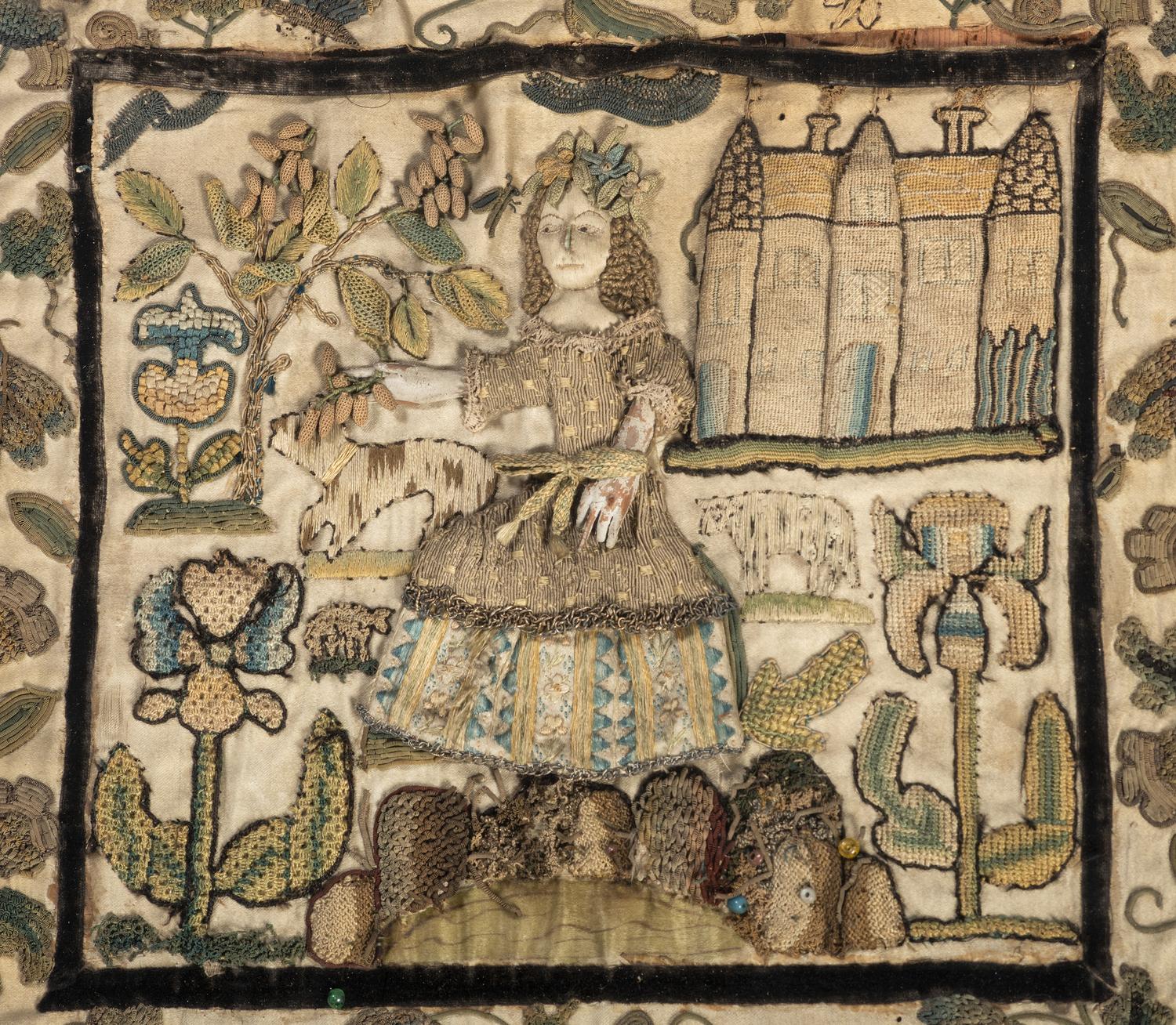 An English Silkwork Embroidered Shepherdess Picture