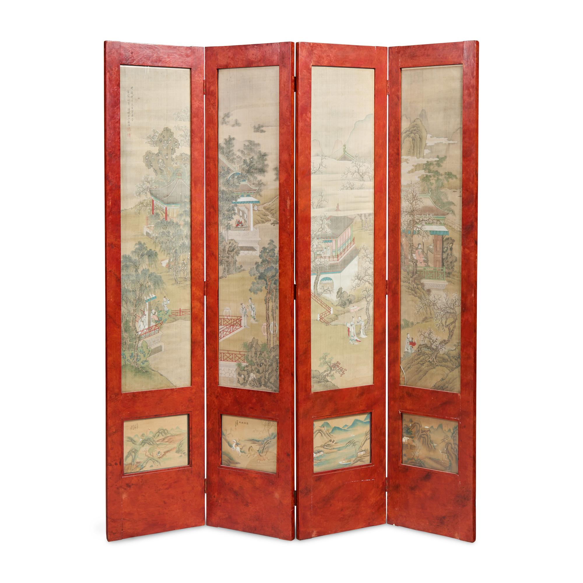 A Chinese Ink and Color on Silk Painting Inset Four-Panel Wood Floor Screen, Painting by Gu Luo (1763-1837) 顧洛（清嘉慶-道光，1763-1837）繪絹本人物圖四扇屏
