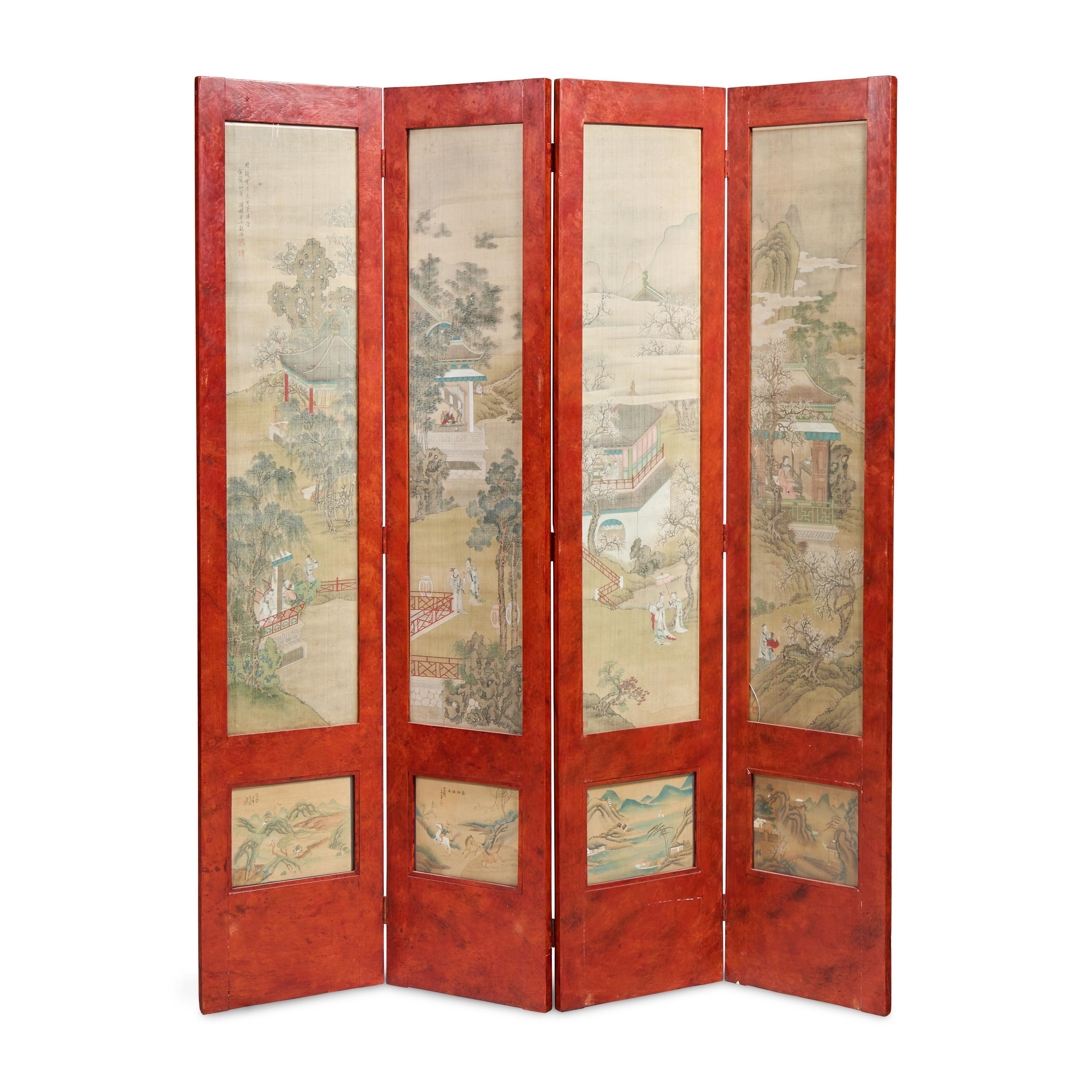 A Chinese Ink and Color on Silk Painting Inset Four-Panel Wood Floor Screen, Painting by Gu Luo (1763-1837) 顧洛（清嘉慶-道光，1763-1837）繪絹本人物圖四扇屏