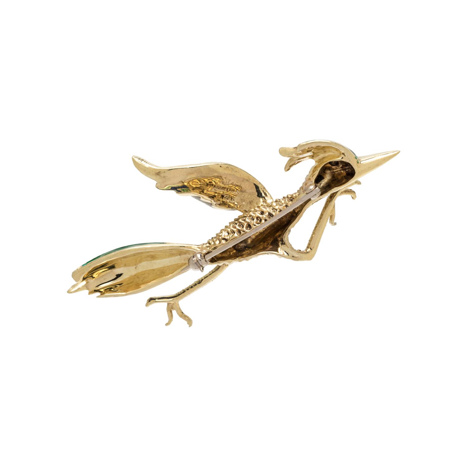 MARTINE, YELLOW GOLD AND ENAMEL ROADRUNNER BROOCH