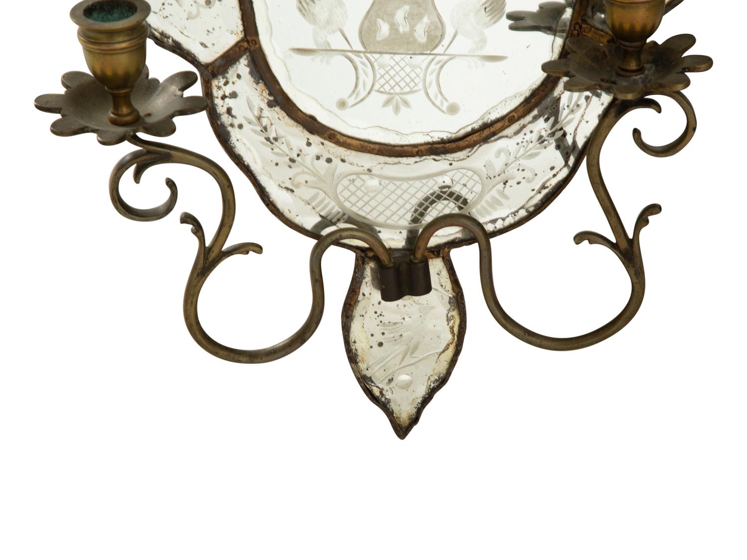 A Pair of Venetian Etched Glass Two-Light Girandole Mirrors