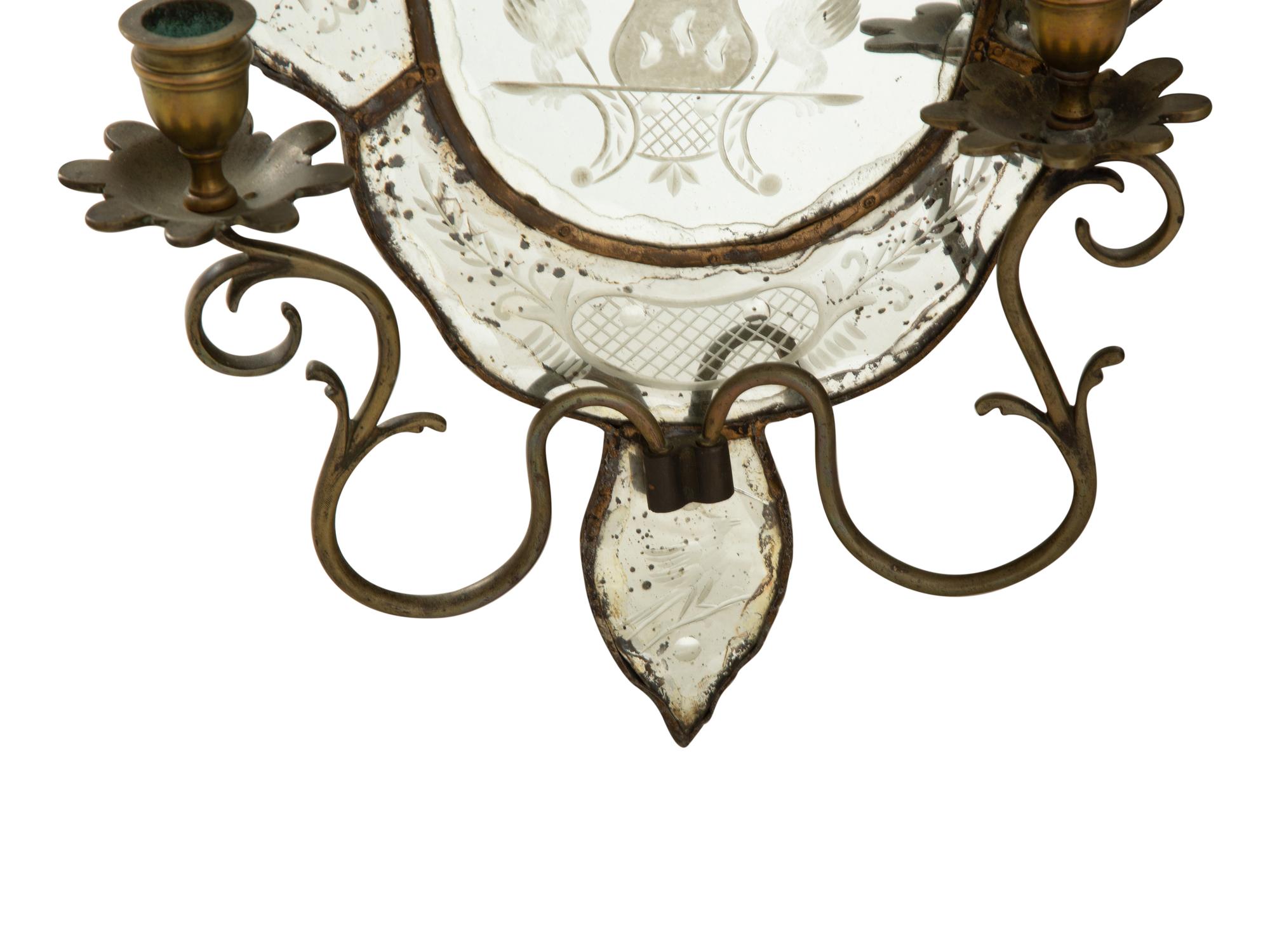 A Pair of Venetian Etched Glass Two-Light Girandole Mirrors