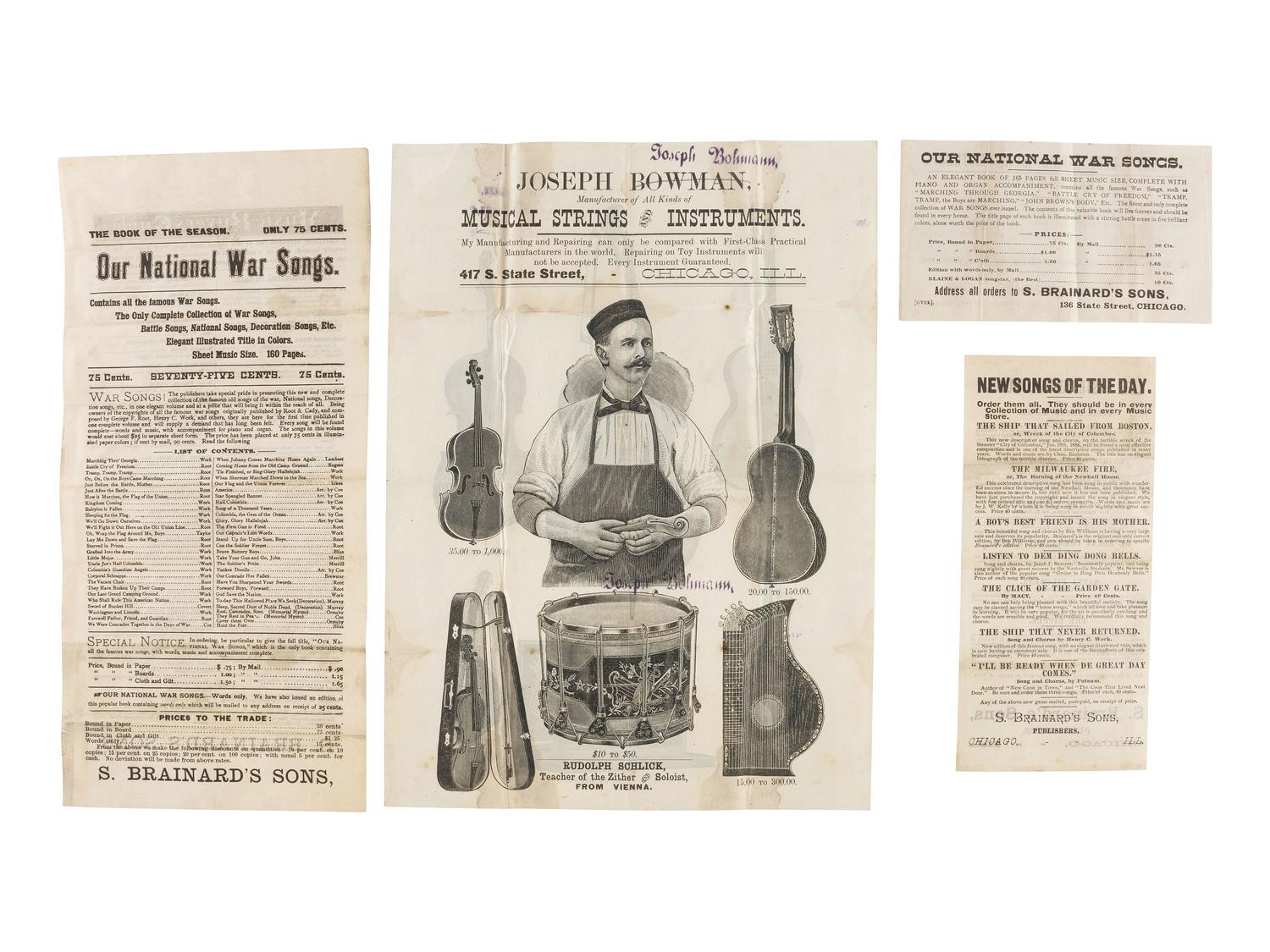 [ADVERTISING]. A group of 19th-century advertisements, stock certificates, and miscellaneous ephemera.