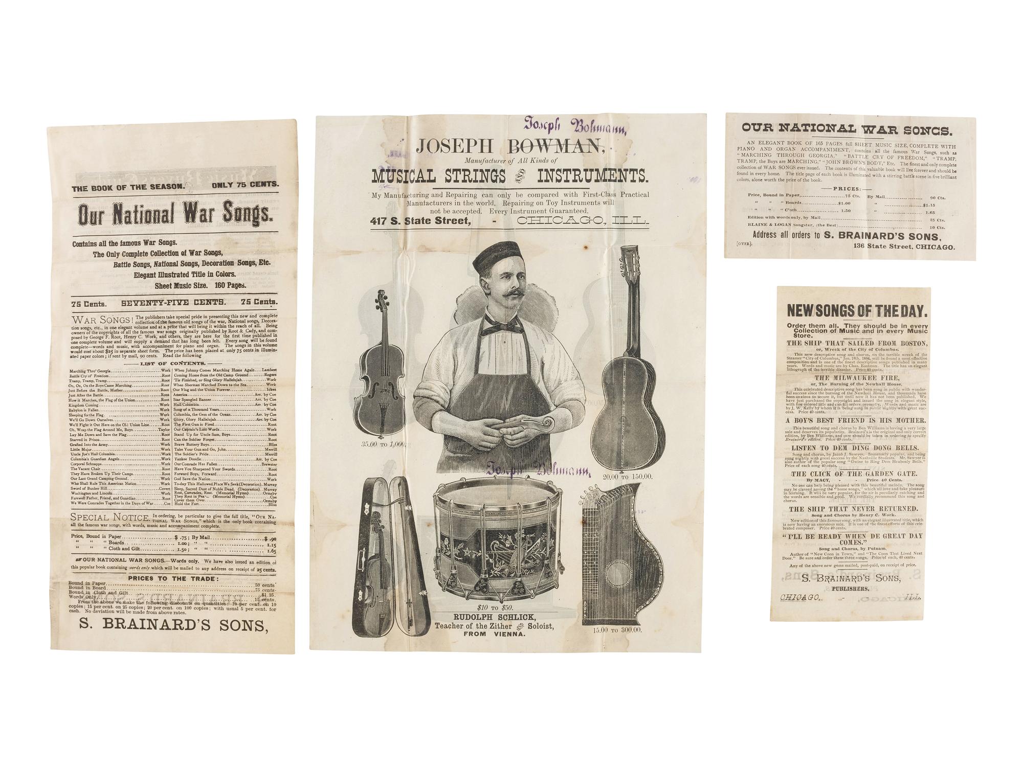 [ADVERTISING]. A group of 19th-century advertisements, stock certificates, and miscellaneous ephemera.