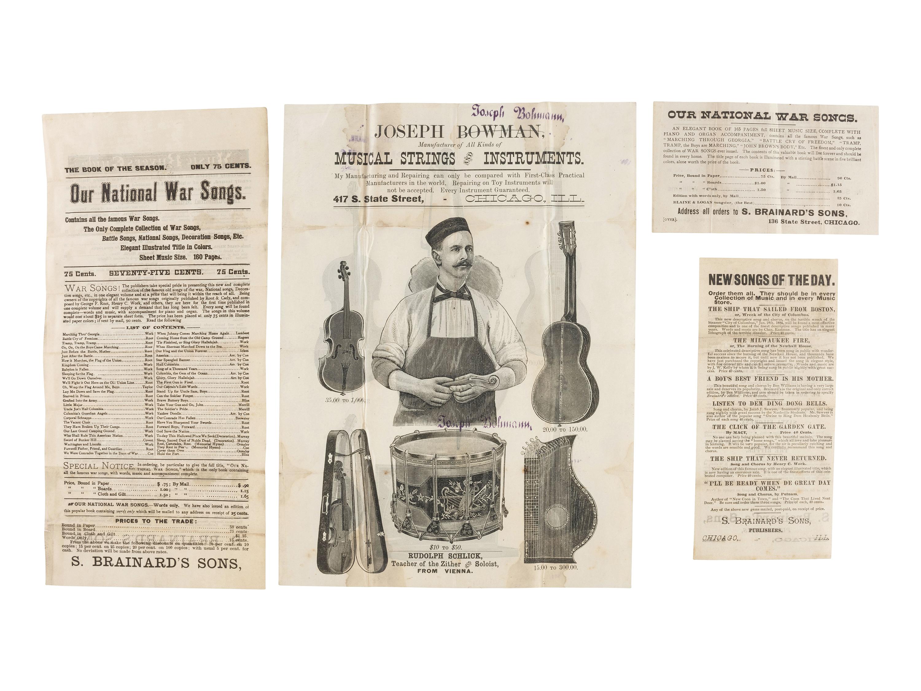 [ADVERTISING]. A group of 19th-century advertisements, stock certificates, and miscellaneous ephemera.