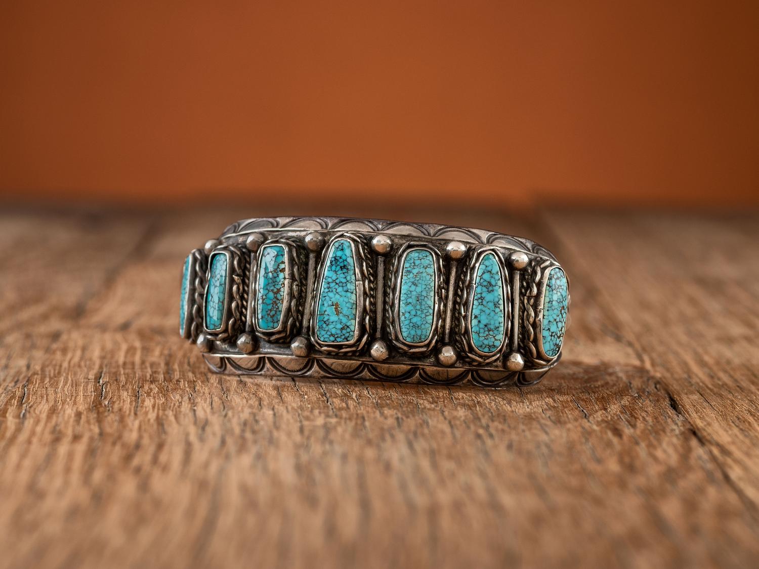Navajo Stamped Silver and #8 Turquoise Cuff Bracelet