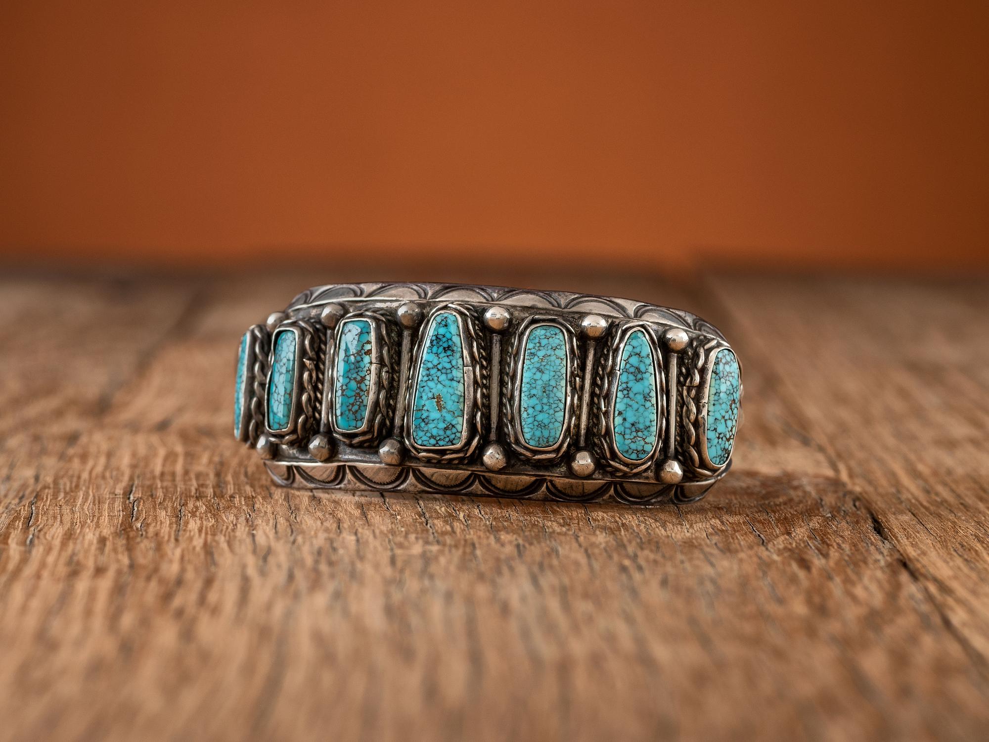 Navajo Stamped Silver and #8 Turquoise Cuff Bracelet