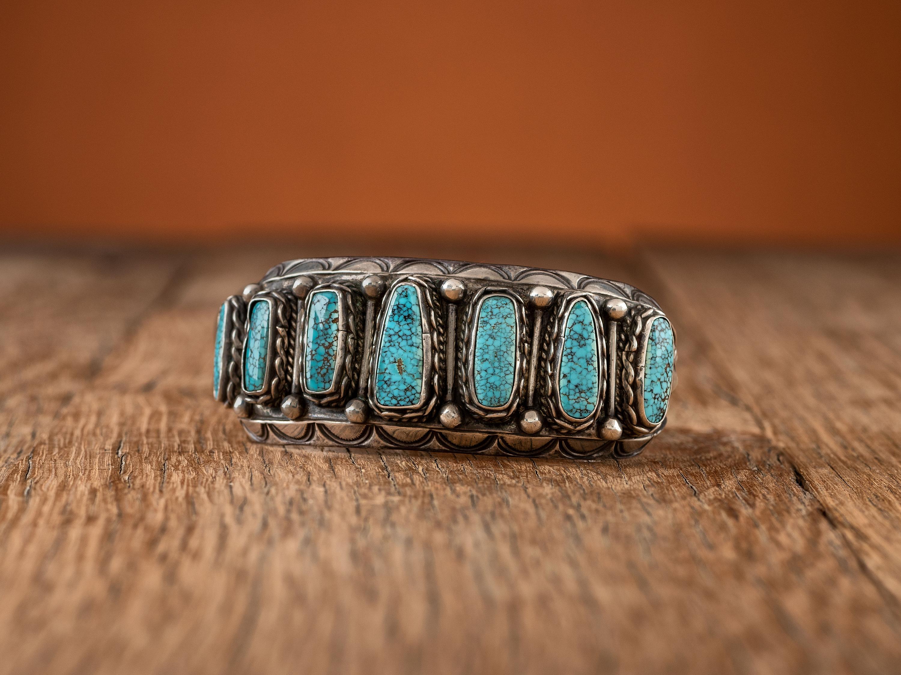 Navajo Stamped Silver and #8 Turquoise Cuff Bracelet