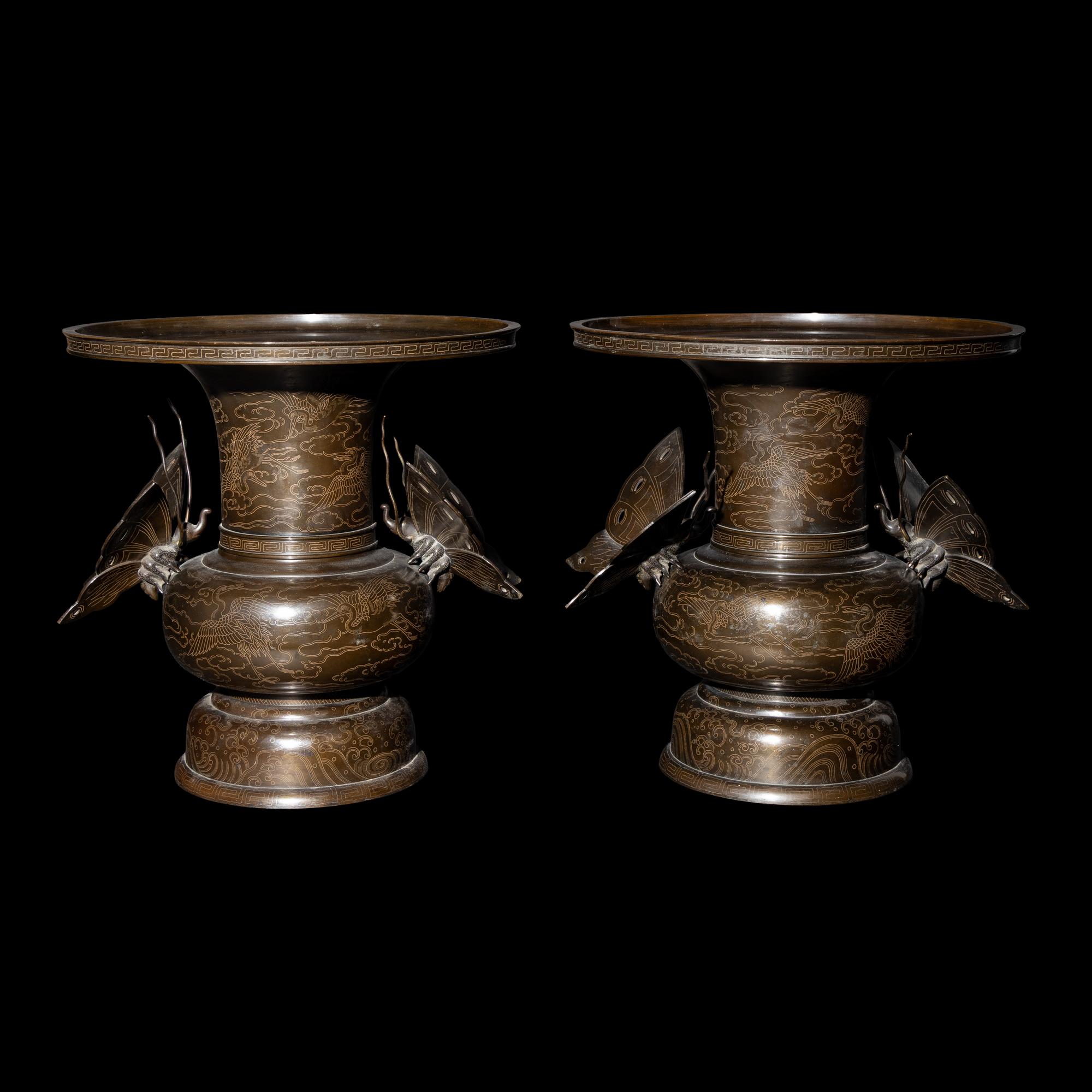 A Pair of Japanese Inlaid Bronze 'Butterfly' Vases, Late Edo/Early Meiji Period