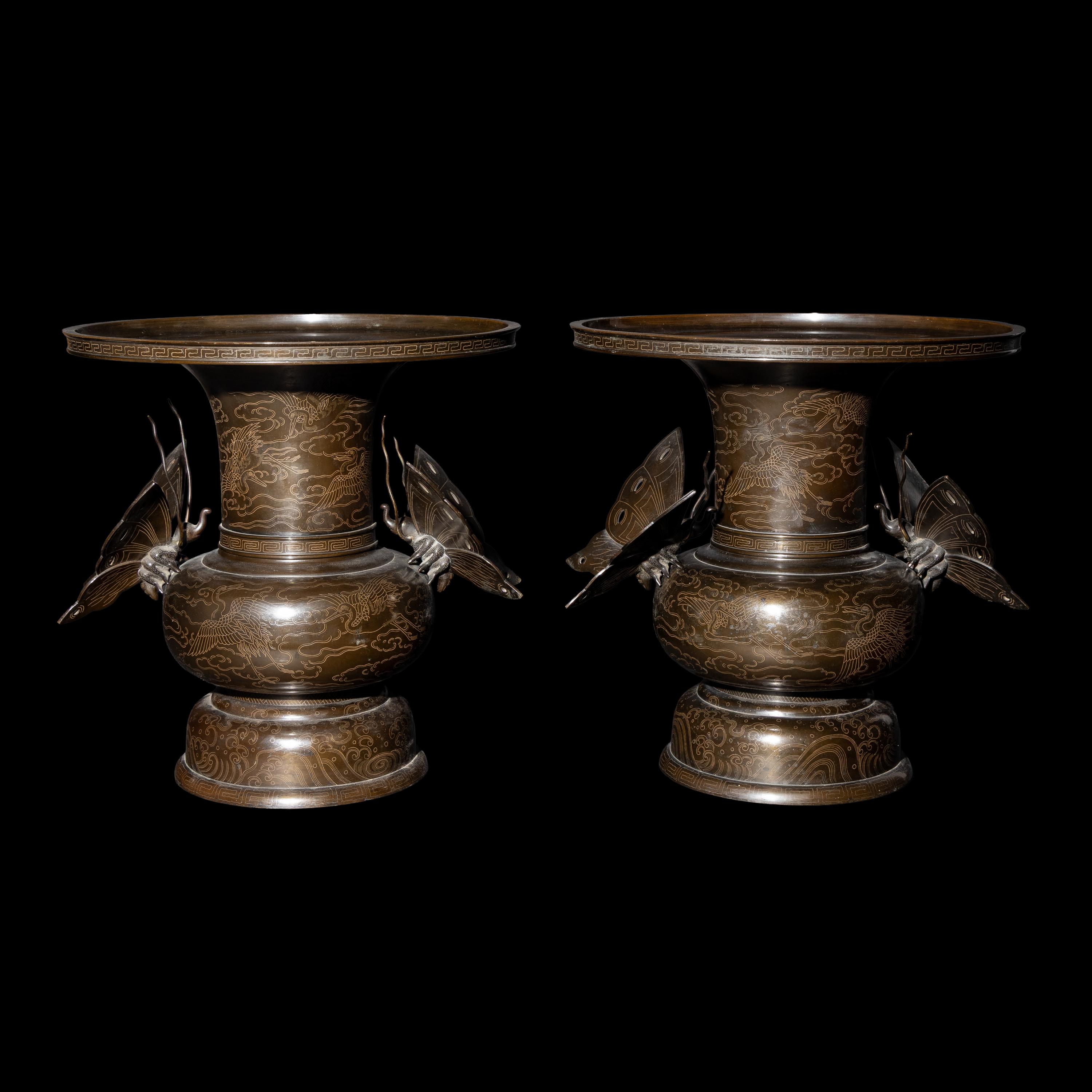 A Pair of Japanese Inlaid Bronze 'Butterfly' Vases, Late Edo/Early Meiji Period