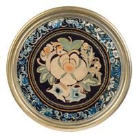 A Chinese Framed Blue Ground Embroidered Silk Panel Diameter 13 1/2 inches.