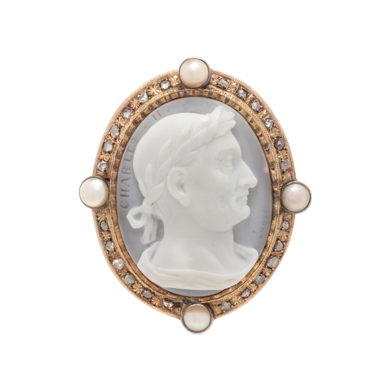 WILLIAM BROWN, ANTIQUE, PEARL, DIAMOND AND CHALCEDONY CAMEO BROOCH