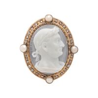WILLIAM BROWN, ANTIQUE, PEARL, DIAMOND AND CHALCEDONY CAMEO BROOCH