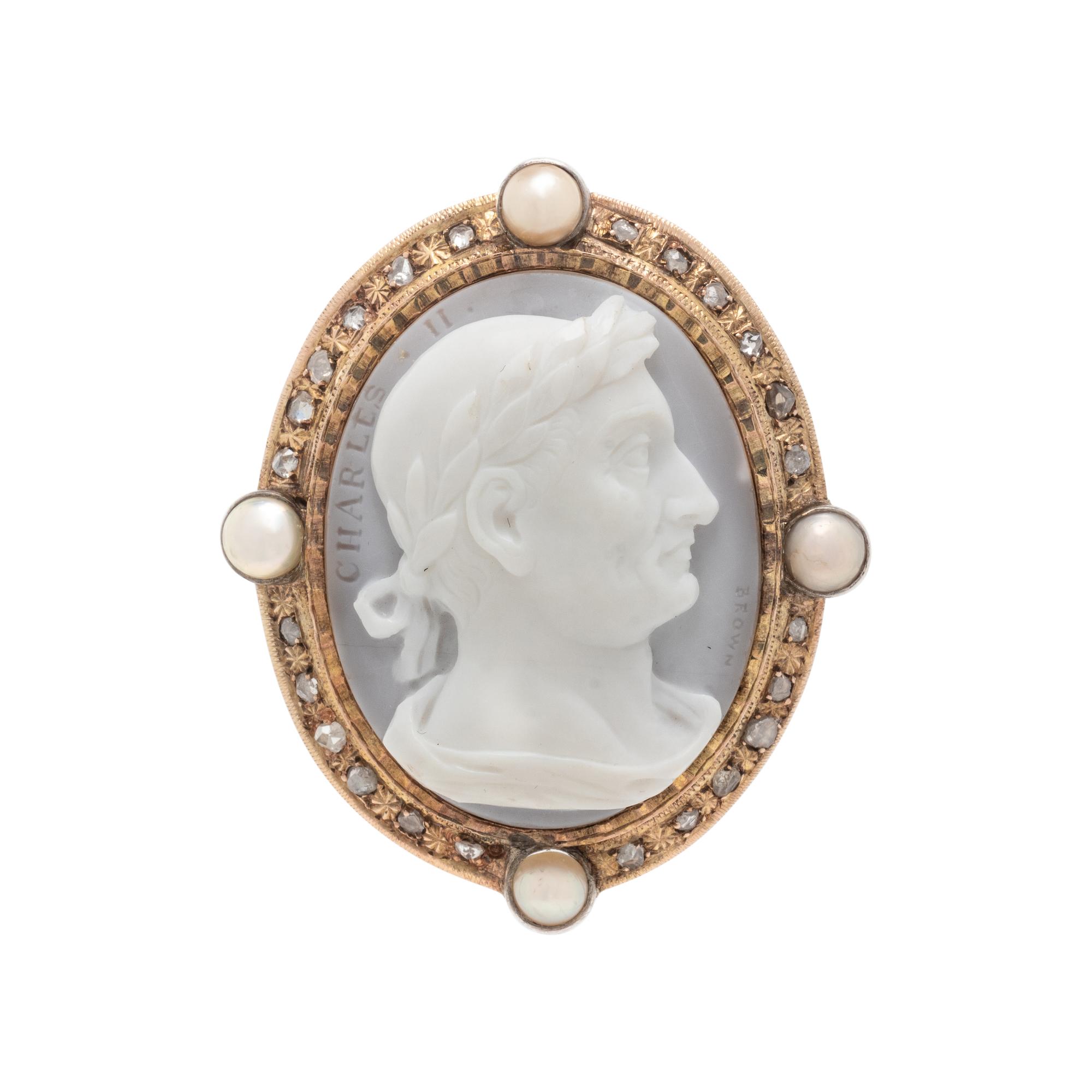 WILLIAM BROWN, ANTIQUE, PEARL, DIAMOND AND CHALCEDONY CAMEO BROOCH