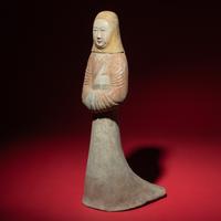 A Large Chinese Painted Pottery Standing Lady Wearing a Hood, Han Dynasty — 漢 大型灰陶彩繪風帽喇叭裙女俑