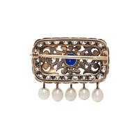 AUSTRO-HUNGARIAN, ANTIQUE, DIAMOND, SYNTHETIC SAPPHIRE AND PEARL BROOCH