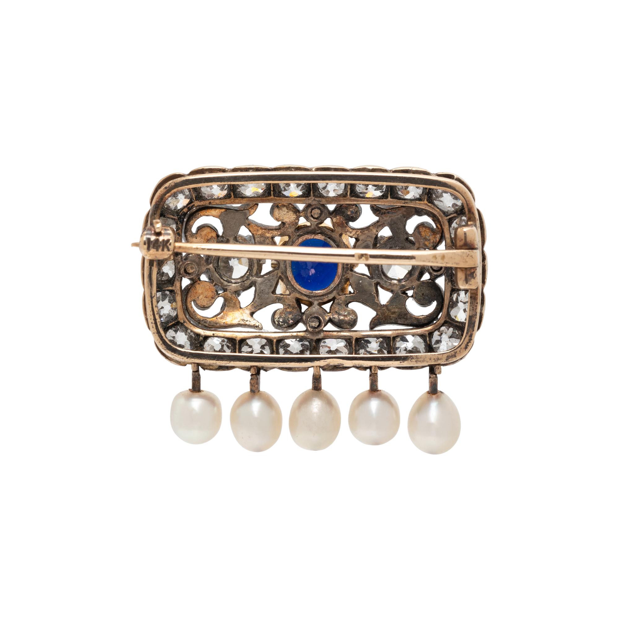 AUSTRO-HUNGARIAN, ANTIQUE, DIAMOND, SYNTHETIC SAPPHIRE AND PEARL BROOCH