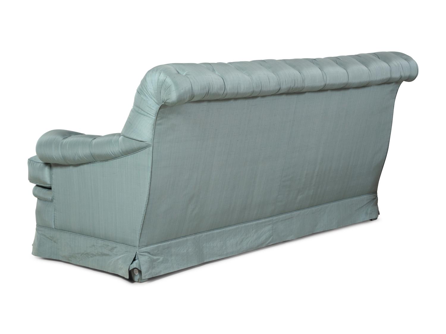 A Pair of Custom French Silk-Upholstered Button Tufted Sofas