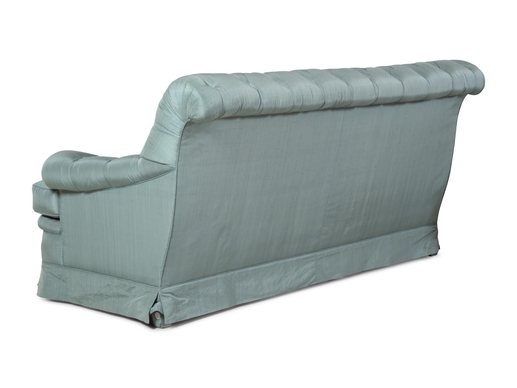 A Pair of Custom French Silk-Upholstered Button Tufted Sofas