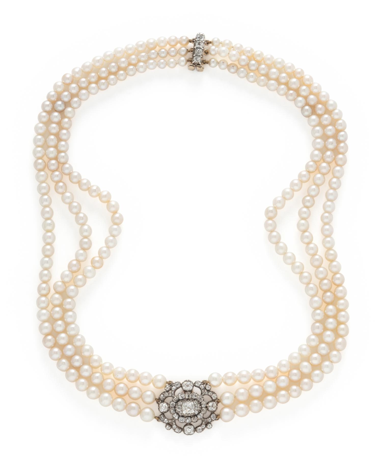 NATURAL PEARL AND DIAMOND CHOKER NECKLACE