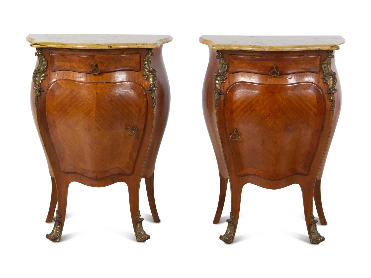 A Pair of Louis XV Style Gilt Bronze Mounted Marble-Top Bombe Nightstands
