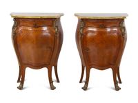 A Pair of Louis XV Style Gilt Bronze Mounted Marble-Top Bombe Nightstands