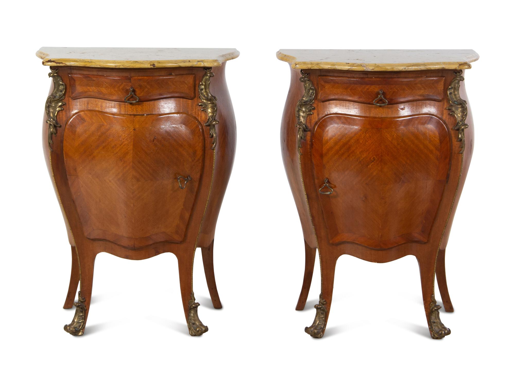 A Pair of Louis XV Style Gilt Bronze Mounted Marble-Top Bombe Nightstands