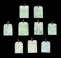 Nine Apple Green and Celadon Jadeite Plaques Length of largest 1 3/4 inches. — LATE QING DYNASTY