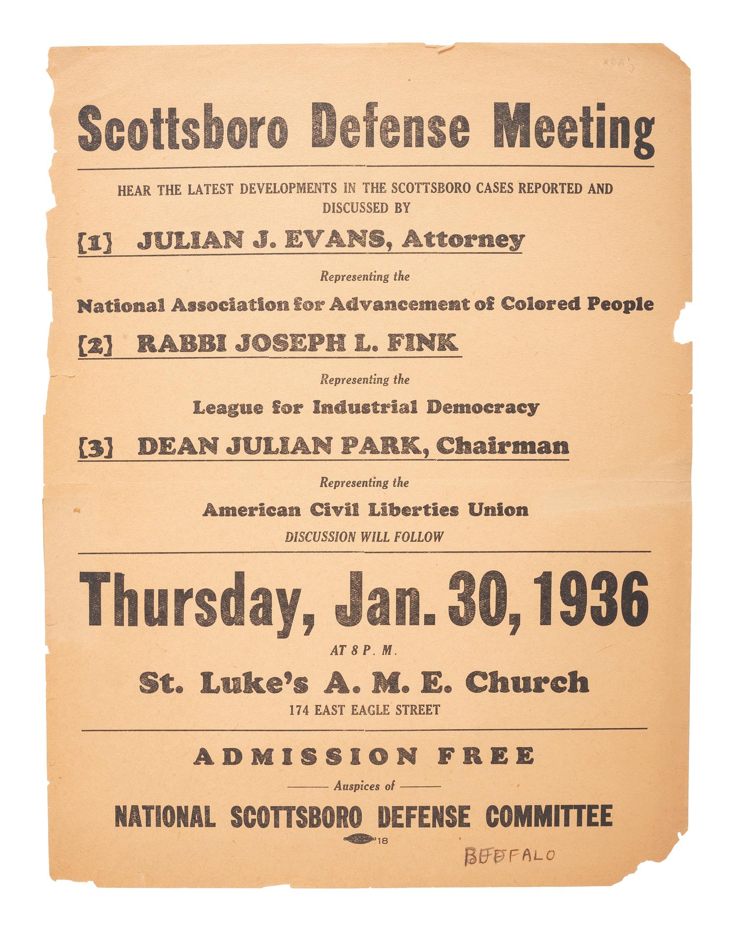 [CIVIL RIGHTS]. Scottsboro Defense Meeting . National Scottsboro Defense Committee, January 1936.