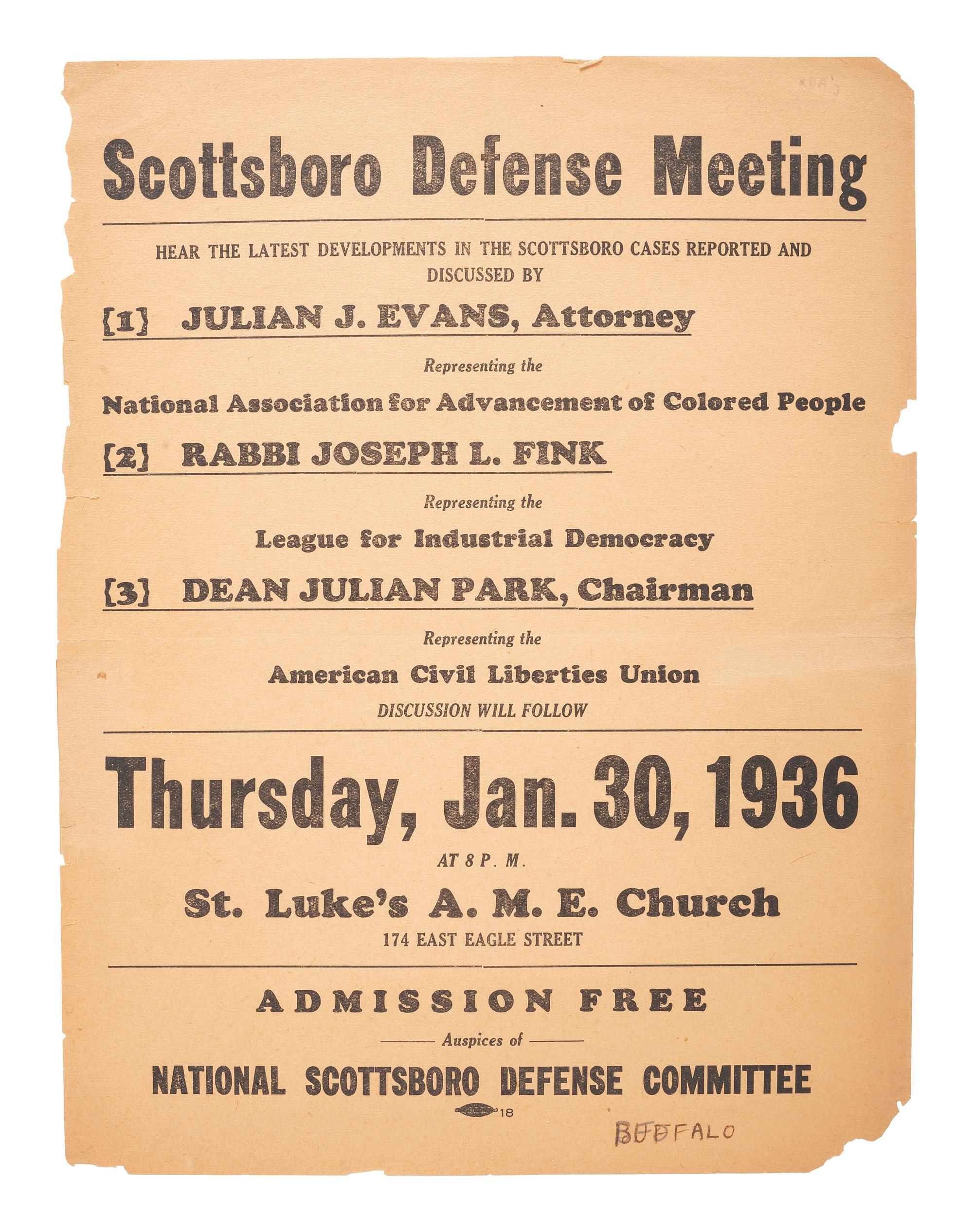 [CIVIL RIGHTS]. Scottsboro Defense Meeting . National Scottsboro Defense Committee, January 1936.