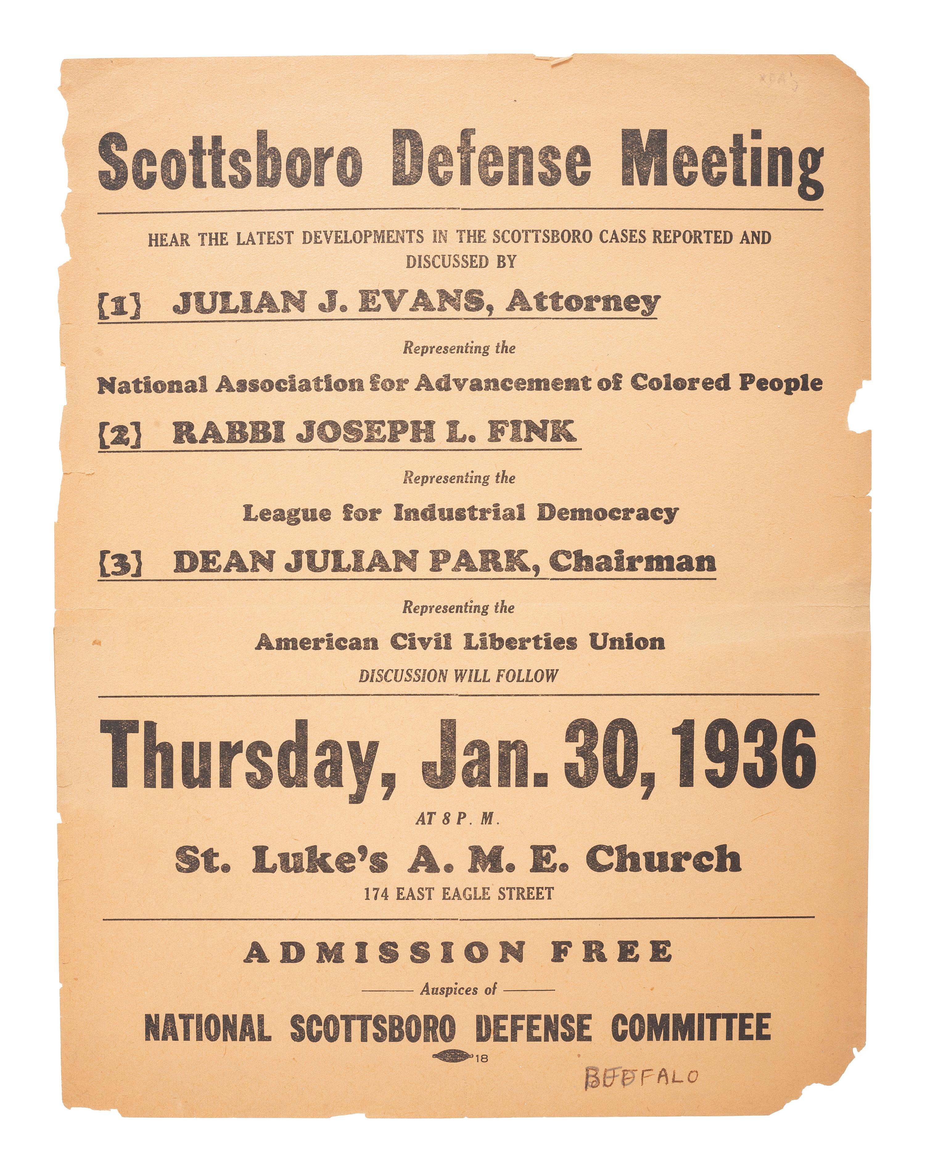 [CIVIL RIGHTS]. Scottsboro Defense Meeting . National Scottsboro Defense Committee, January 1936.